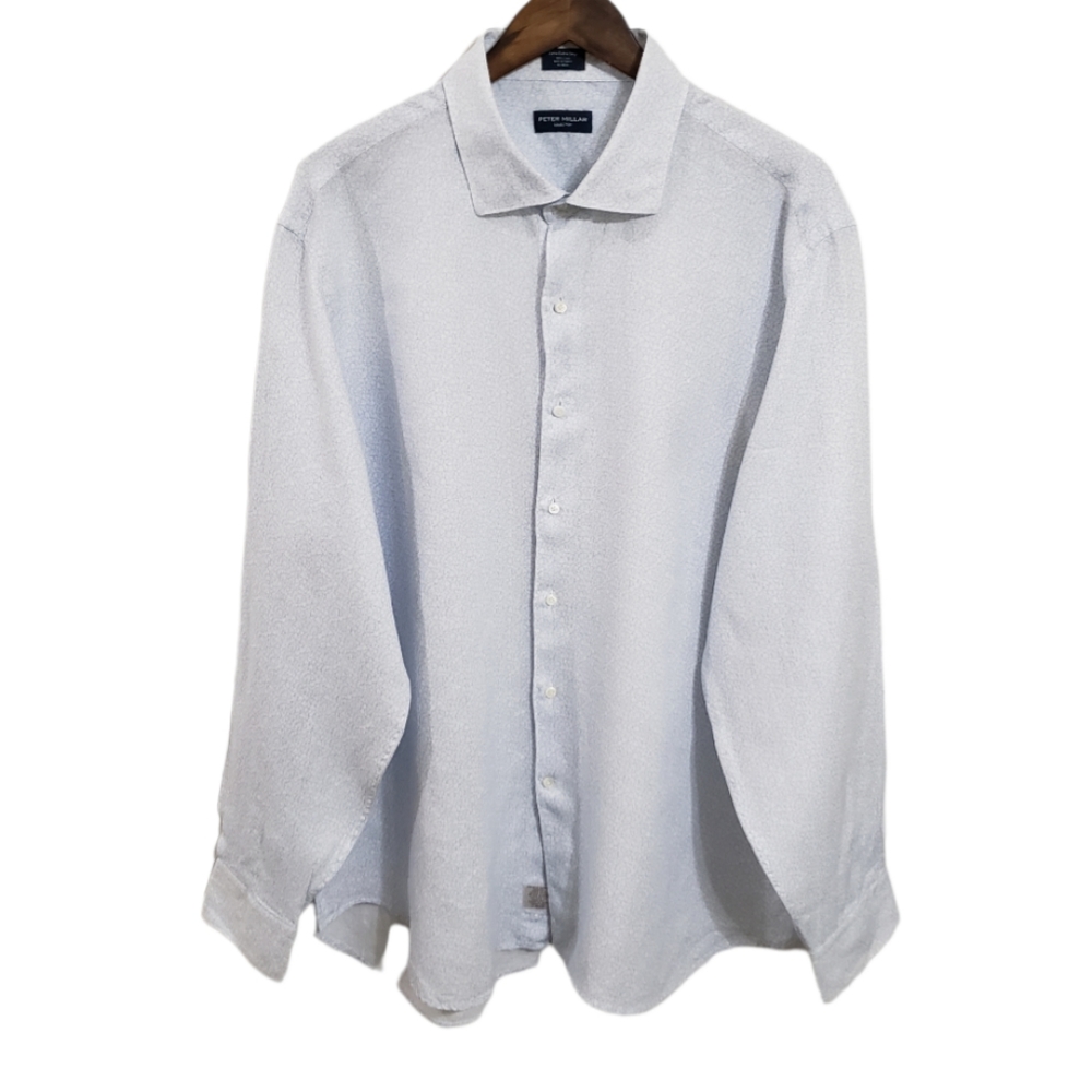 Peter Millar Linen Blue and White Print Button Front Shirt Men's XXL